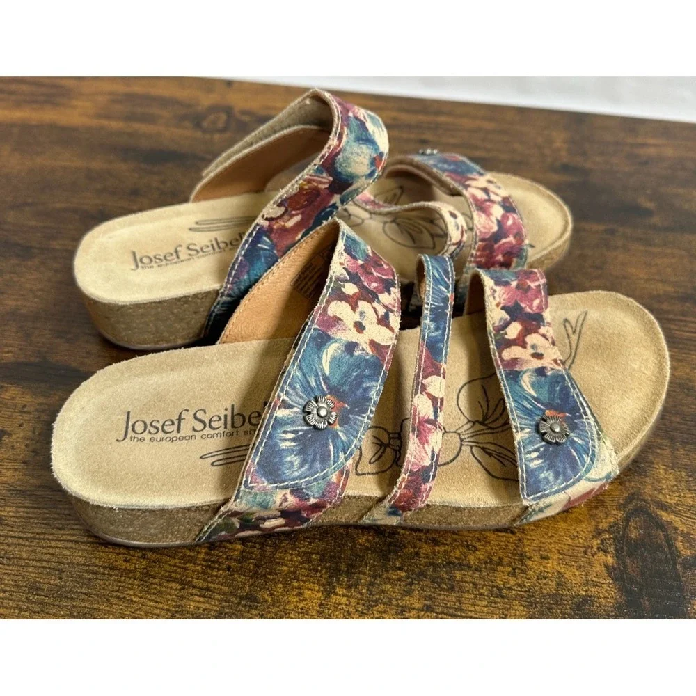 Josef Seibel Tonga 54 Floral Slide Sandals Blue Red Tan Cork Boho Size 38 7 -7.5 - Picture 6 of 12